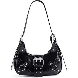 Y2K Punk Black Faux Leather Shoulder Bag for Women, Compact & Stylish
